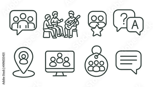 Line style icons of freelancer community: freelancer group chat icon, cowork jam session, peer feedback badge, forum Q&A board, skill-sharing call, local meet-up pin, online circle tag, support