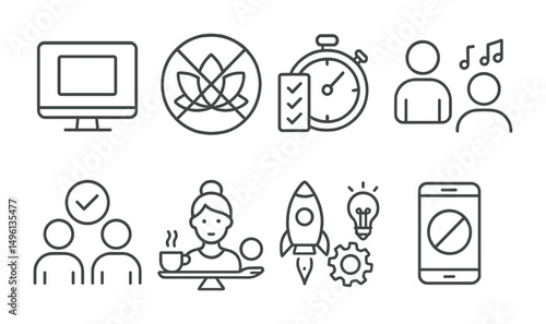 Line style icons of productivity in coworking: focused mode screen, calm workspace badge, task timer app, coworking + ambient music icon, accountability partner symbol, break time balance,