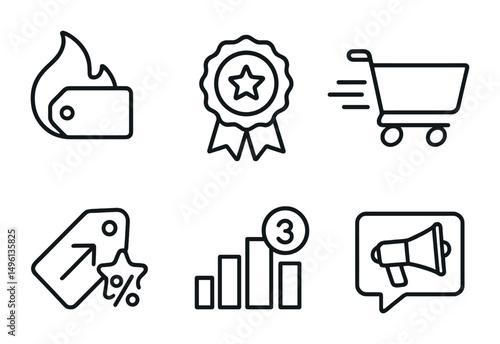 Line style icons of top-selling discounts: best deal flame icon, most claimed offer badge, trending discount tag, cart rush icon, hot price bubble, item + star + %, top 3 deal chart, social buzz