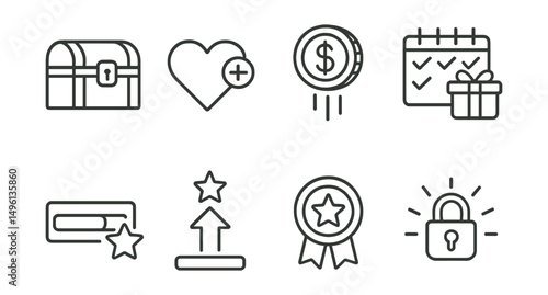 Line style icons of bonus in gaming: reward chest icon, bonus life heart, gold coin drop, daily login bonus, progress bar reward, level-up bonus icon, badge of achievement, secret bonus unlock.