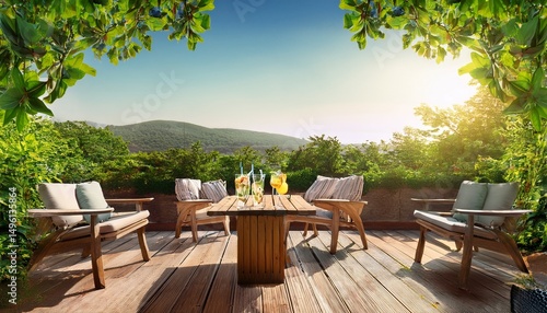 Wallpaper Mural verdant foliage frames a sunny terrace view with drinks on a wooden table Torontodigital.ca