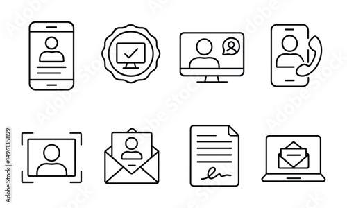 Line style icons of remote interview process: application screen, online test badge, HR video chat icon, hiring manager call, virtual tour frame, offer letter email, signed contract file, onboarding
