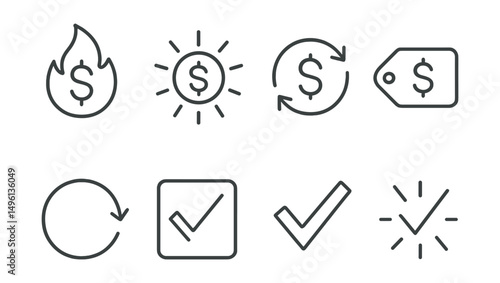 Line style icons of cashback visual indicators: cashback flame icon, reward glow badge, refund highlight symbol, “you got it” tag, completed cycle arrow, claim successful frame, confirmed cashback