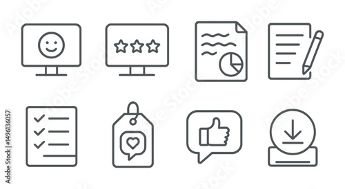 Line style icons of call wrap-up: thank you screen, call rating stars, meeting summary icon, shared notes file, action items checklist, feedback request tag, leave feedback icon, download recording
