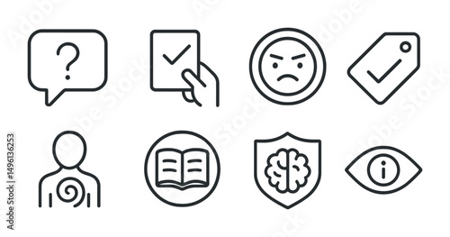 Line style icons of healthy skepticism: question headline bubble, ask for evidence icon, don’t trust at first badge, verify then believe tag, gut-check moment icon, critical reader badge, “think