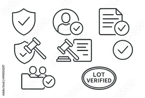 Line style icons of auction trust and verification: verified seller badge, trusted bidder icon, authentication check icon, anti-fraud gavel, auction rules icon, trusted platform logo, identity match