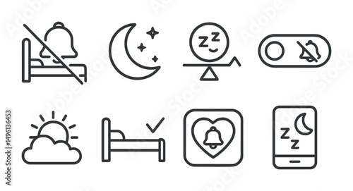 Line style icons of sleep and rest modes: bed icon with bell off, nighttime mode moon, sleep quality vs alert balance, no alert after 9pm toggle, wake gently badge, bedtime summary icon, rest zone