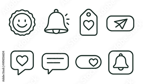 Line style icons of kindness reminder apps: smile today badge, compliment bell, gratitude moment tag, send kindness button, heart ping icon, gentle nudge bubble, support others toggle, mindful