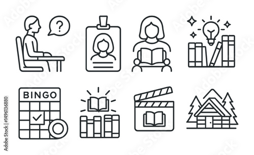 Line style icons of book club events: guest author Q&A icon, meet the author badge, live book review panel, literary trivia night symbol, book bingo card, themed discussion week, book adaptation
