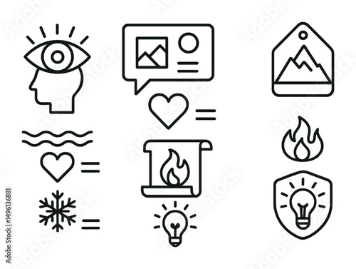 Line style icons of metaphor and imagery: open eye + mind symbol, image in words icon, simile badge, metaphor mountain tag, ocean = emotion icon, fire as passion scroll, snow = silence symbol, light