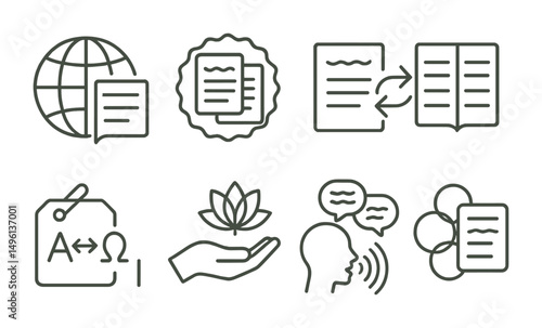 Line style icons of multilingual poetry: globe + stanzas icon, translated poem badge, bilingual lines symbol, side-by-side verses, language switch tag, cultural metaphor symbol, voice in many tongues