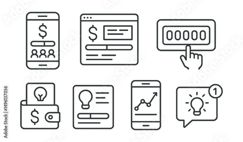 Line style icons of crowdfunding platforms and tools: mobile app with funding screen, campaign dashboard, live funding counter, donate now button, digital wallet + project icon, project preview card,