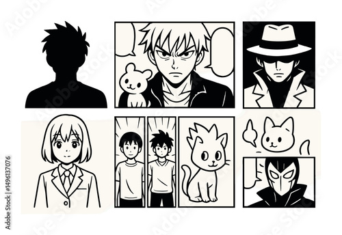 Line style icons of manga characters: protagonist silhouette, rival glare panel, cute sidekick icon, mysterious stranger, school uniform figure, transformation sequence board, animal companion,