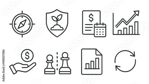Line style icons of investment strategy: value investing compass, growth strategy badge, income plan icon, trend following chart, buy-and-hold icon, active vs passive comparison, DCA plan file,