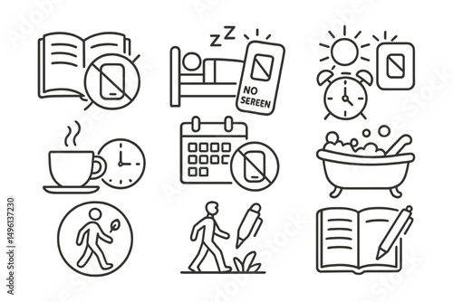 Line style icons of device-free routines: book + phone crossed out, sleep icon + no screen tag, morning routine without phone, coffee + analog clock icon, digital detox calendar, no-screen bubble