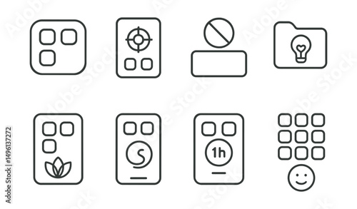 Line style icons of minimalist home screen: four-app home screen icon, focus zone setup icon, no widgets tag, folder with purpose label, mindful app layout sketch, home screen with calm symbol, app