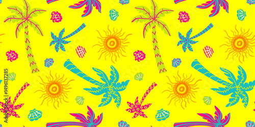 tropical sunshine seamless pattern vibrant summer beach vibe, hand-drawn palm trees, suns, shells, holiday repeat background, bright joyful print