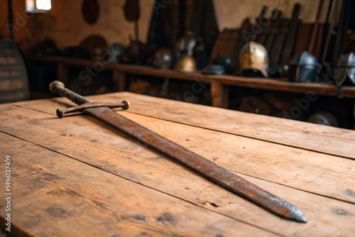 Ancient Rusty Sword on Wooden Table in Medieval Armory