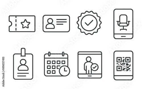 Line style icons of coworking booking: daily pass ticket, monthly membership card, flexible plan badge, seat reservation app, access badge icon, coworking hours schedule, check-in screen, QR scan