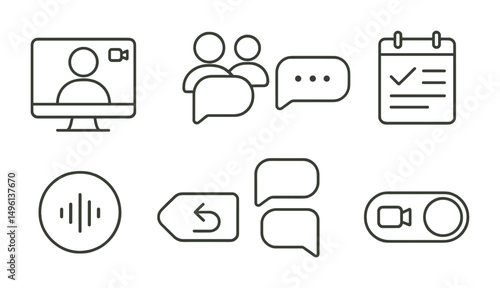 Line style icons of remote communication: video call screen, team chat icon, async message bubble, shared agenda doc, voice memo badge, reply later tag, feedback thread icon, camera on/off toggle.