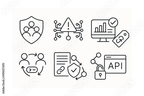 Line style icons of fair data sharing: shared with org badge, third-party alert icon, data marketplace transparency, opt-out of sharing tag, consented exchange icon, link to usage terms, trusted data