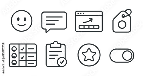 Line style icons of remote coworking rituals: check-in emoji icon, weekly “what’s up” thread, async pulse survey, mood color tag, team status board, closing day recap, Friday fun badge, “done for the