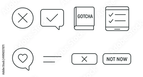 Line style icons of no trick phrasing: “no” means no badge, clear opt-out sentence, no “gotcha” word icon, review screen with plain terms, avoid guilt trip bubble, honest choice line, cancel means