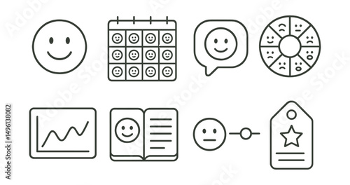 Line style icons of emotional check-in tools: mood tracker smiley, daily feelings calendar, “how do you feel” bubble, color-coded emotion wheel, mood graph chart, emotional logbook icon, emoji slider