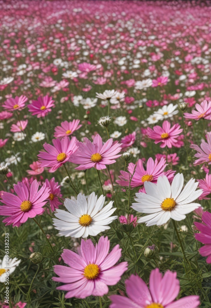 Fototapeta premium Vast cosmos field, vibrant pink and white blooms, autumn, view