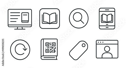 Line style icons of digital library services: online catalog screen, library app icon, search by keyword badge, e-book checkout, renew online symbol, QR code scan on book, reserve button tag, login