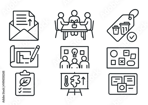 Line style icons of student-led campus change: “ask for change” letter, eco meeting table, vote for better bins tag, redesign your space plan, petition for green action icon, group design wall,