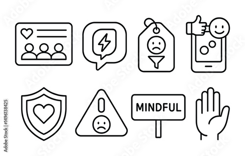 Line style icons of digital and emotional awareness: social impact log card, “my energy online” bubble, filter your feelings tag, scroll reaction tracker, protect my peace shield, digital mood