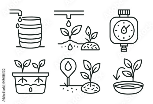 Line style icons of water-smart urban gardening: rain barrel collection icon, drip irrigation setup, water timer badge, deep-watering tray, plant thirst meter, mulching circle symbol,