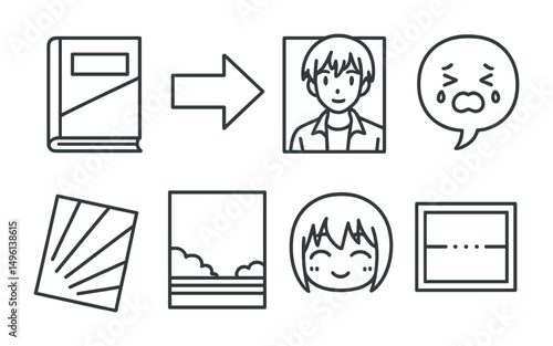 Line style icons of manga basics: manga volume cover, right-to-left arrow, character intro panel, speech bubble with emotion, dramatic angle frame, background line art, chibi face icon, story chapter