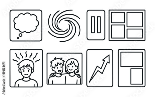 Line style icons of manga storytelling elements: internal dialogue frame, action scene swirl, slow scene pause icon, montage panel set, emotional flashback frame, friendship moment card, tension