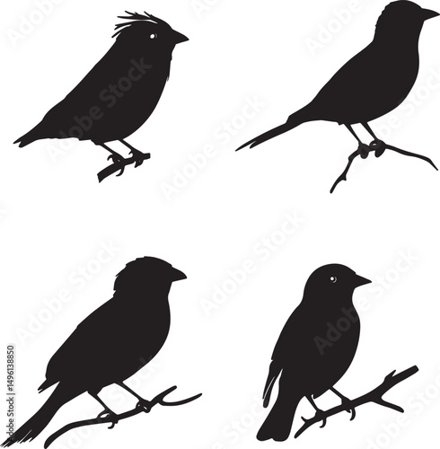 This artwork is digitally enhanced using AI and manually edited for quality. A set of four bird silhouettes perched on tree branches.