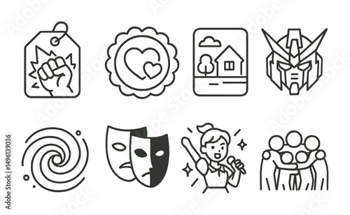 Line style icons of anime genres: shonen action tag, shojo romance badge, slice of life frame, mecha robot icon, isekai portal swirl, psychological thriller mask, idol performance spotlight, sports