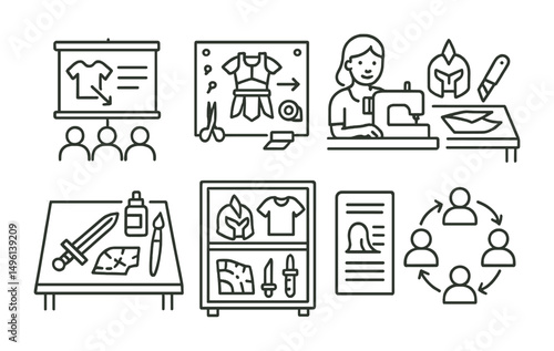 Line style icons of cosplay workshops: how-to panel screen, craft tutorial board, sewing session icon, foam shaping table, prop painting station, WIP display shelf, cosplay tips handout, feedback