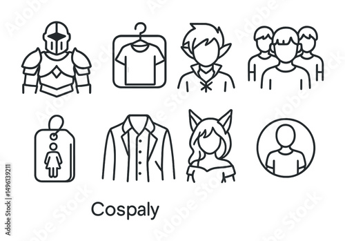Line style icons of cosplay types: armor build icon, closet cosplay badge, original character symbol, group cosplay layout, crossplay tag, genderbend outfit icon, gijinka redesign, casual version