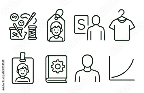Line style icons of beginner cosplay: basic sewing kit icon, easy character tag, simplified version symbol, thrifted costume icon, first con badge, DIY guidebook, no-prop character, learning curve