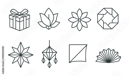 Line style icons of origami for decoration: gift box with bow fold, napkin flower fold, wall decor paper bloom, paper wreath symbol, window star triangle, paper chandelier sketch, corner curl decor,