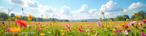 A vibrant field of wildflowers in full bloom under a bright spring sky, perfect for a picnic or leisurely stroll Enjoy the beauty of nature's awakening , botany, nature