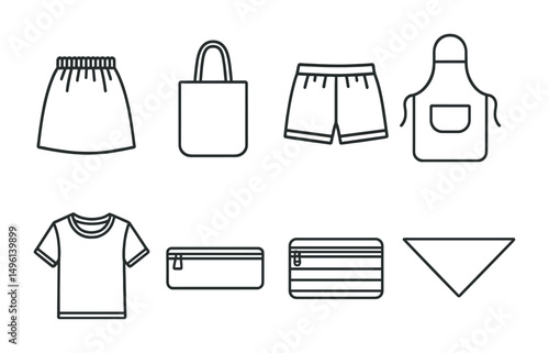 Line style icons of student-made garments: elastic waist skirt icon, simple tote bag, pajama shorts sketch, apron with pocket, basic tee with binding, zip pencil case, lined pouch with zipper,