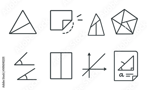 Line style icons of folded geometry learning: triangle base icon, paper square in motion, folded pentagon step, polygon with crease lines, angles made from folds, symmetry in paper, axis and diagonal
