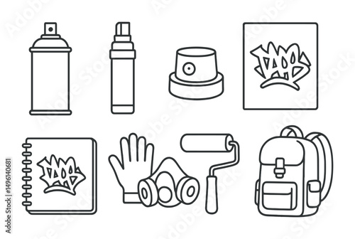Line style icons of graffiti tools: spray paint can icon, marker with chisel tip, paint cap nozzle, stencil sheet, sketchbook for tags, glove and mask set, wall roller brush, urban art backpack.