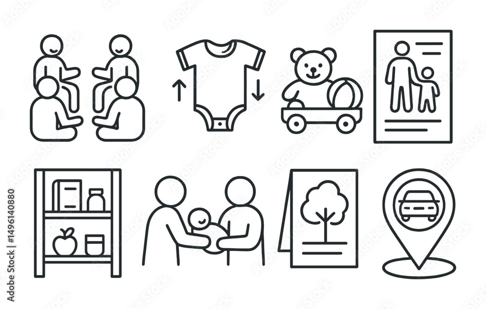 Fototapeta premium Line style icons of local parenting support: parent meet circle, baby clothes swap, toy share space, toddler group flyer, reuse shelf, parenting skill share, park day invite, ride share pin.