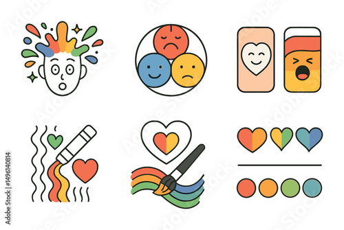 Line style icons of expressive color use: color explosion face, three-tone emotion wheel, gentle vs loud palette, shading emotion with color line, “pick your color” heart, brushstroke emotion guide,