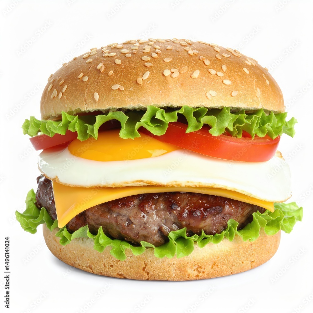 Tasty Burger with Salad, Meat, Tomatoes, and Fried Egg Isolated on White Tasty Burger with Salad, Meat, Tomatoes, and Fried Egg Isolated on White