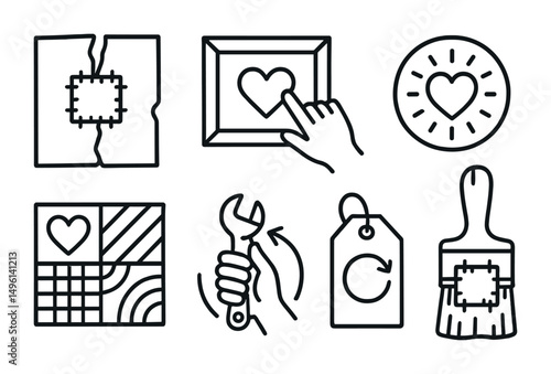 Line style icons of repair and reuse in inclusive art: torn page with patch, remade frame project, “used with love” badge, scrap collage square, fix it your way icon, second chance material tag,
