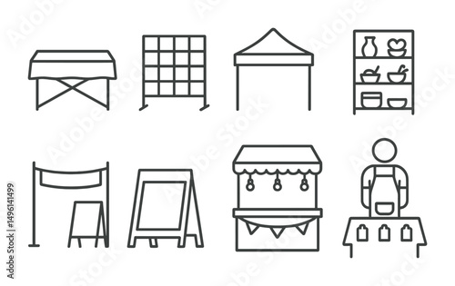 Line style icons of handmade market booths: folding table with cloth, display grid wall, pop-up tent canopy, shelf with handmade goods, banner and chalk sign, booth setup with lights, standing vendor